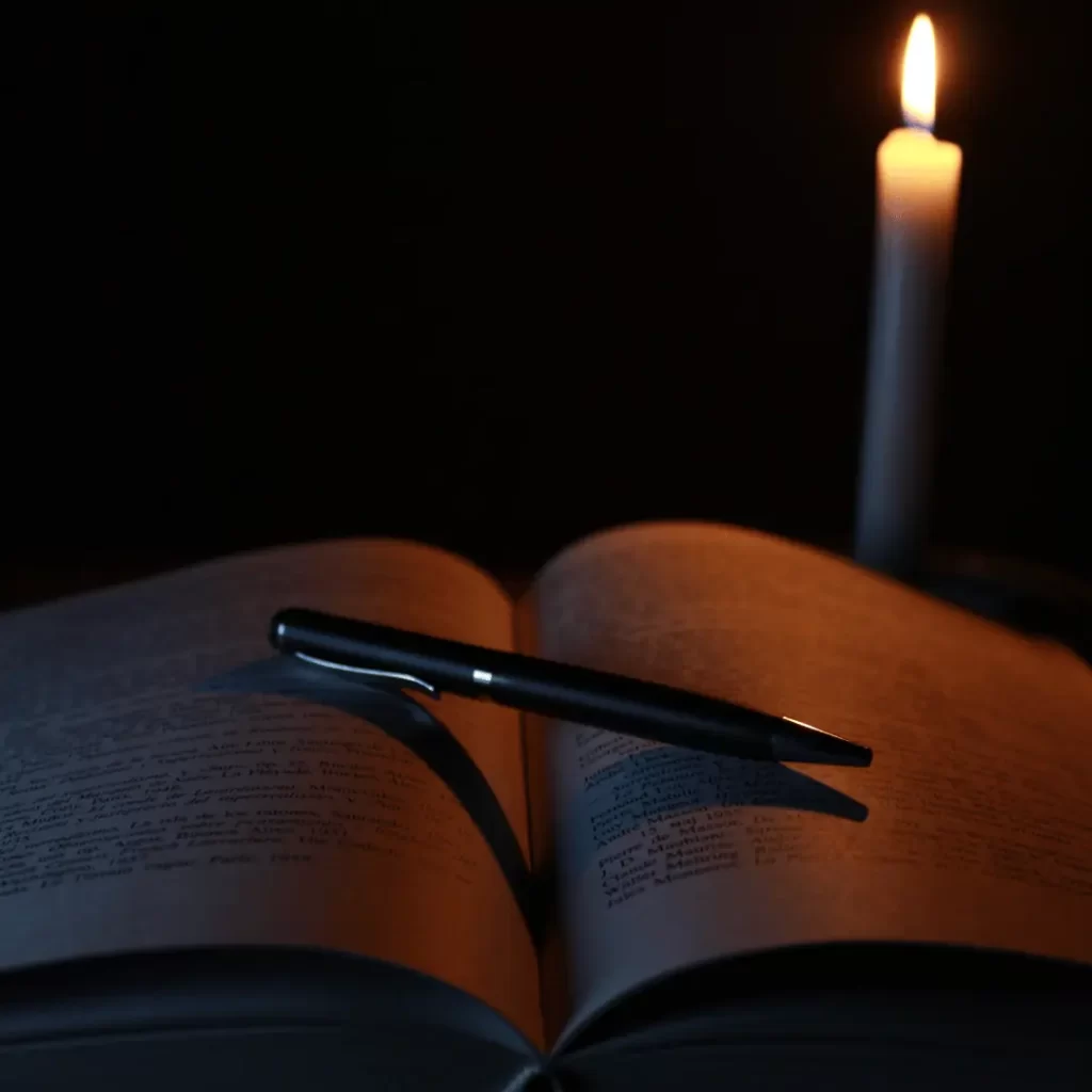 Pen on top of a book in candlelight