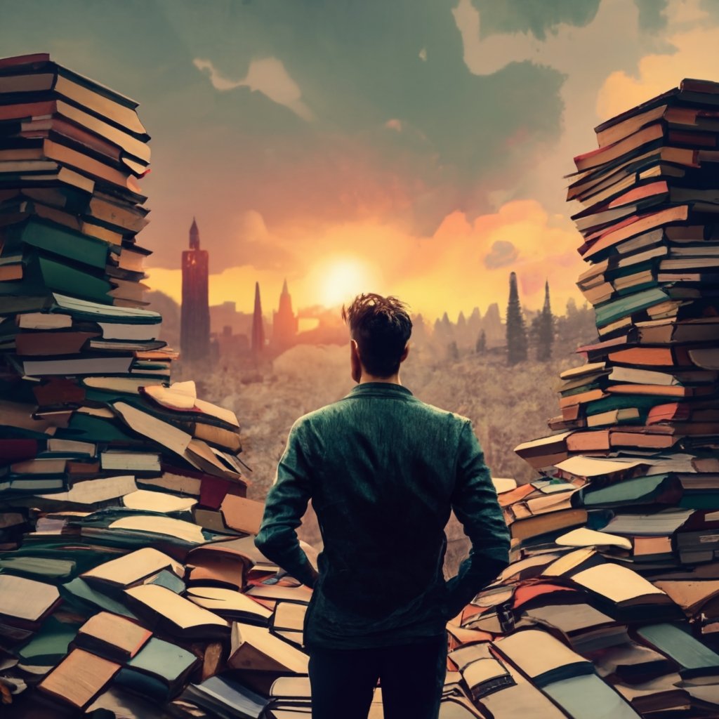 Man in front a enormous stacks of books