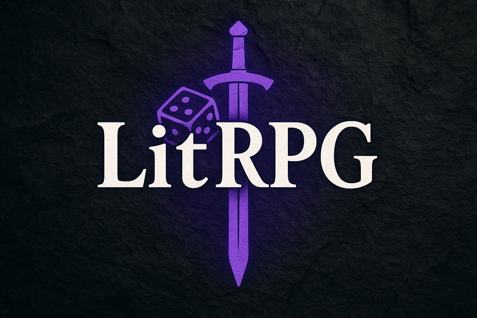 The word ‘LitRPG’ appears in large white serif lettering centered on a dark textured background. Behind the text is a stylized purple sword pointing downward, with a purple six sided die tilted beside it, creating a fantasy gaming theme.