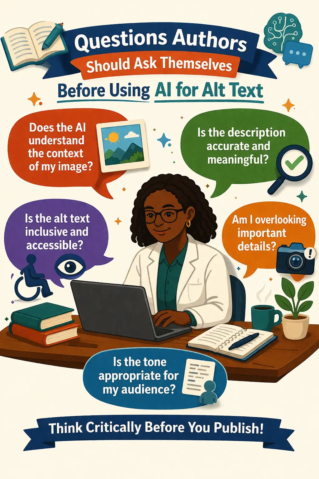 Infographic titled “Questions Authors Should Ask Themselves Before Using AI for Alt Text.” It presents a checklist encouraging authors to evaluate AI-generated descriptions for accuracy, context, completeness, inclusivity, and clarity for visually impaired readers. A central illustration of a professional working at a laptop reinforces the idea of critical review before publishing.