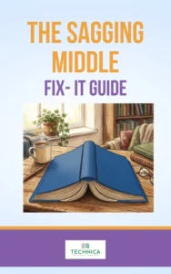 Cover image for The Sagging Middle Fix-It Guide featuring a blue open book resting on a wooden desk in a cozy reading space, with a coffee mug, pen, books, glasses, a plant, and a window in the background. The Technica Editorial Services logo appears at the bottom.