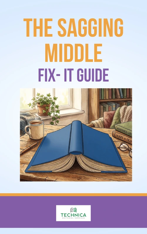 Cover image for The Sagging Middle Fix-It Guide featuring a blue open book resting on a wooden desk in a cozy reading space, with a coffee mug, pen, books, glasses, a plant, and a window in the background. The Technica Editorial Services logo appears at the bottom.