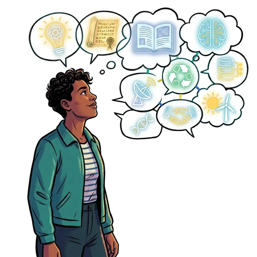 Illustration of a person looking thoughtfully at connected speech bubbles filled with icons representing scholarly publishing trends, including AI, open books, data, sustainability, collaboration, research integrity, and innovation.