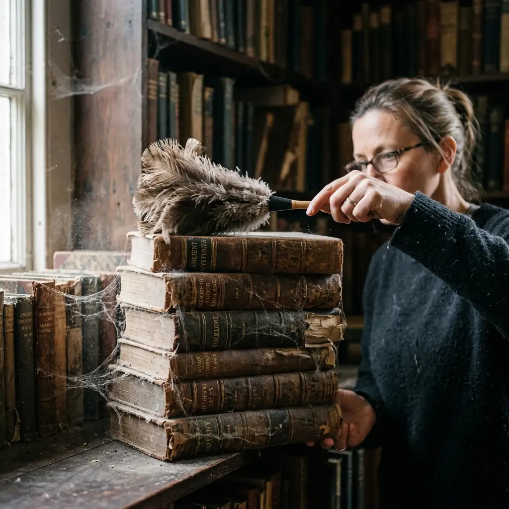 A woman in a library gently dusts a stack of old, worn hardcover books covered with cobwebs, suggesting the rediscovery and revival of forgotten backlist titles.