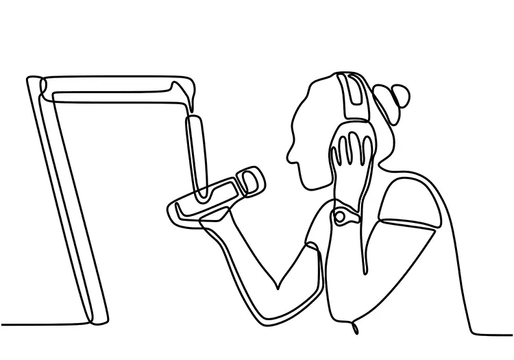 Minimalist black line drawing of a person wearing headphones and speaking into a handheld microphone while seated in front of a computer monitor.