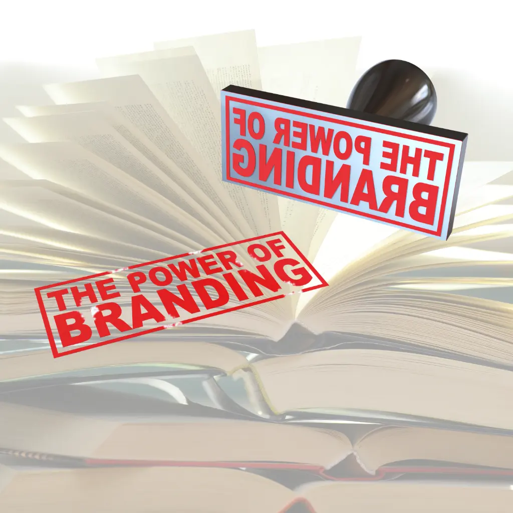 An open book with fanned pages and two red-and-blue stamp-style graphics reading “The Power of Branding,” one appearing upside down.