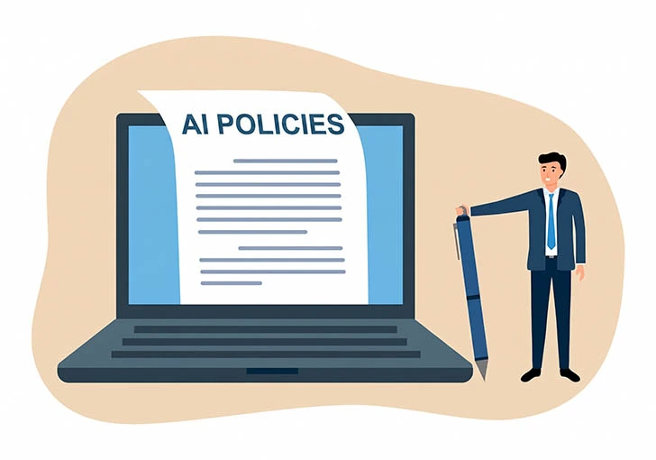 Illustration of a laptop displaying a document titled “AI Policies,” with a businessperson standing beside it holding an oversized pen.