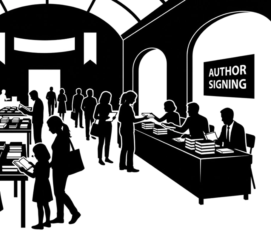 Black-and-white illustration of a busy book fair inside a large arched hall, with adults and children browsing tables of books and visitors lined up at an author-signing table.