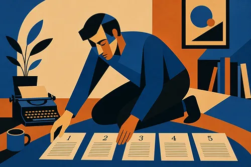 Stylized illustration of a writer kneeling on the floor and arranging five numbered manuscript pages in order, with a typewriter, coffee mug, plant, books, and framed artwork in the background.