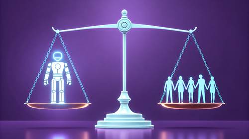 A balance scale in equilibrium against a purple background, with a glowing humanoid robot on the left pan balanced against five human silhouettes holding hands on the right pan, symbolizing the balance between AI automation and human involvement.