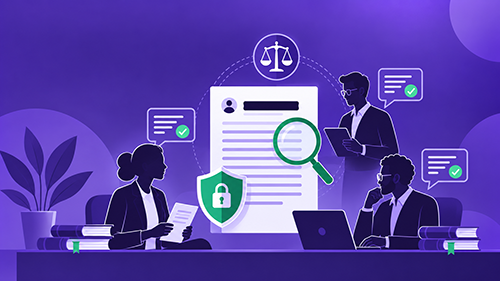 Stylized purple illustration of blind peer review, showing three editors or reviewers around a large anonymized manuscript with the author name redacted, alongside icons for fairness, confidentiality, review comments, and evaluation, including a magnifying glass, shield with lock, and balance scale.