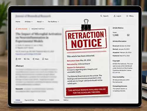 Tablet displaying a scholarly research article with a prominent red “Retraction Notice” placed over the page, indicating that the published article has been withdrawn because of concerns about the reliability and integrity of the research.