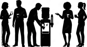 Silhouettes of five people holding cups and talking around an office water cooler, illustrating informal workplace conversation and relationship building.