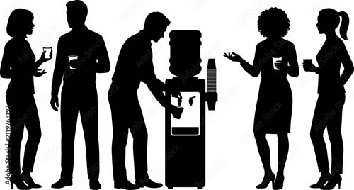 Silhouettes of five people holding cups and talking around an office water cooler, illustrating informal workplace conversation and relationship building.