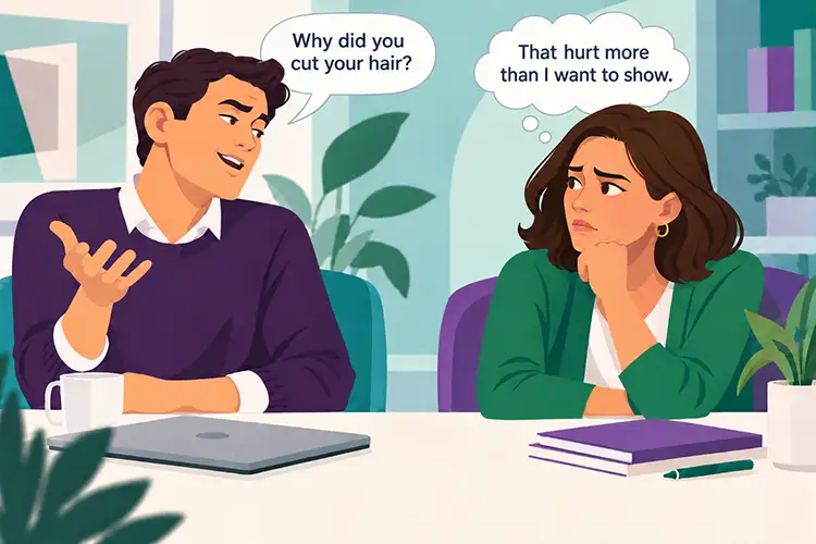 Illustration of two people seated across a table in an office, facing each other in a tense moment. The man on the left is speaking with a speech bubble that says, “Why did you cut your hair?” The woman on the right looks hurt and thoughtful, with a thought bubble above her that reads, “That hurt more than I want to show.” A laptop, books, coffee mugs, and plants sit on the table and in the background.